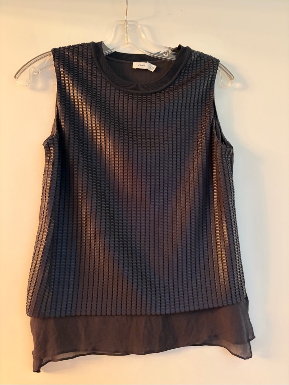 Vince Black Textured Sleeveless Shell with Chiffon Hem